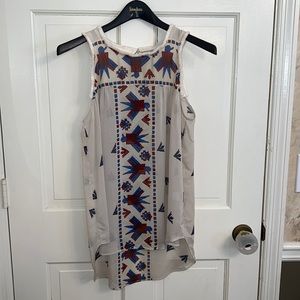 Sea Cream Tank Top with Blue and Red Geometric Embroidery